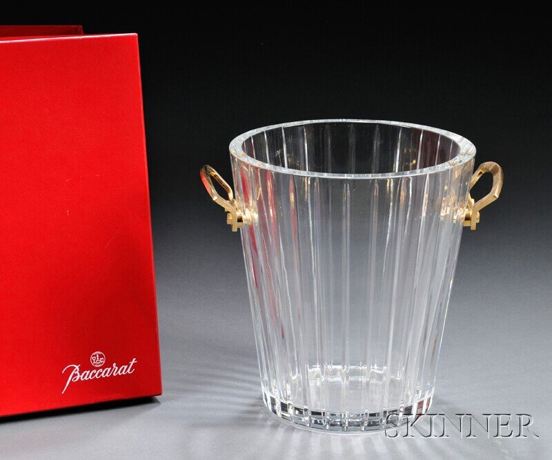 , Baccarat Maxim Champagne Cooler/Ice Bucket, Art: Baccarat Maxim Champagne Cooler/Ice Bucket Art glass and plated metal France, fourth quarter 20th century Fluted sides with two gold plated handles, maker's mark, accompanied by original red Baccarat 
