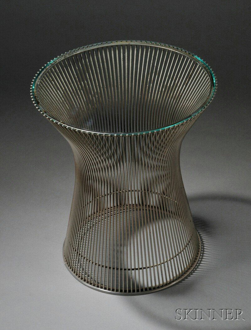 , Warren Platner for Knoll Table, Art glass and me: Warren Platner for Knoll Table Art glass and metal United States, 1960s Circular glass top with beveled edge inset in nickel plated-steel rod pedestal base, some rust, ht. 18, dia. 16 in.