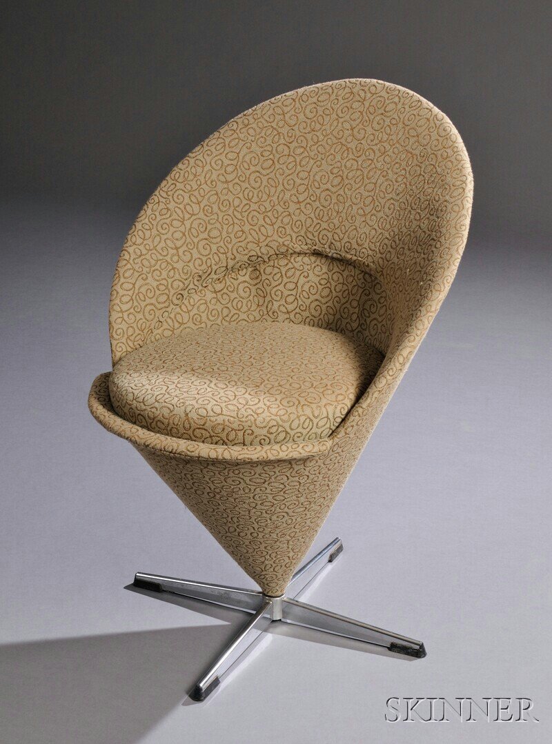 , Verner Panton (1926-1998) Cone Chair, , Sheet me: Verner Panton (1926-1998) Cone Chair Design 1958 Sheet metal frame covered in a beige fabric with scroll pattern, the base raised on four chromed metal prong feet, reupholstered, ht. 33 in.