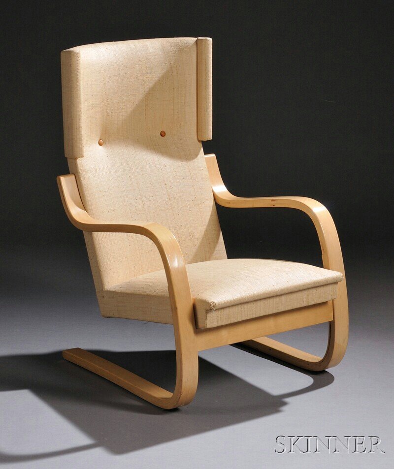 , Alvar Aalto Wing Chair Model 401, , High-backed: Alvar Aalto Wing Chair Model 401 Probably ICF, mid-20th century, designed c. 1932 High-backed seat supported by a cantilevered birch plywood frame forming armrests and legs, woven raffia upholstery wi