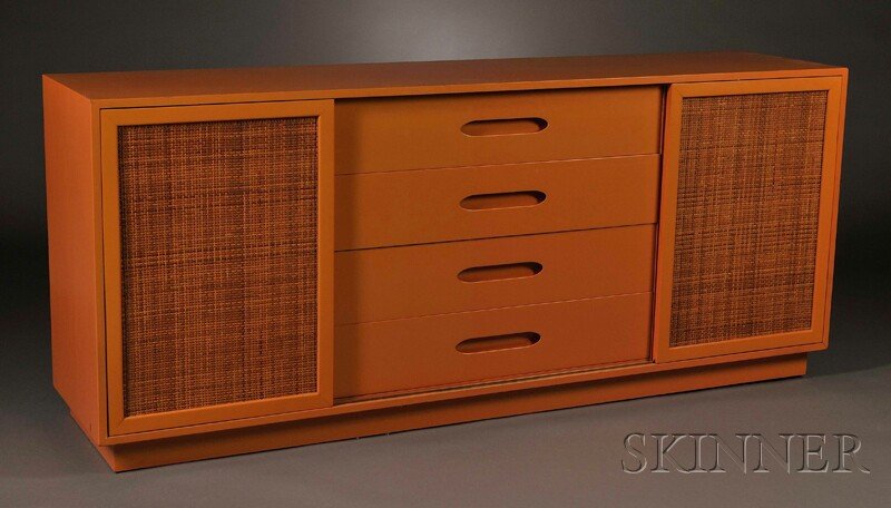 , Harvey Probber Lacquered Credenza, , Central ban: Harvey Probber Lacquered Credenza United States, c. 1960 Central bank of four long drawers, the top two fitted with sections, flanked by two sliding caned doors opening to a bank of four drawers and t