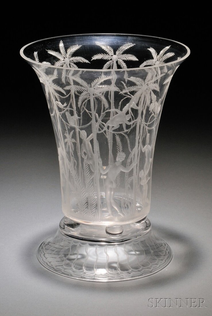 , Edward Hald (Swedish, 1883-1990) Orrefors Negerh: Edward Hald (Swedish, 1883-1990) Orrefors Negerhyddan (African Hut) Vase Engraved glass Sweden, design 1918, engraved by Emil Goldman 1926 Waisted cylinder on four glass balls supports, with allov