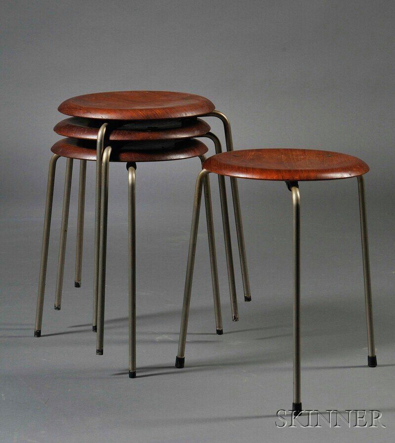 , Four Fritz Hansen Stackable Stools, Teak, steel,: Four Fritz Hansen Stackable Stools Teak, steel Denmark, mid-20th century Teak dish seats over a steel frame with three arched legs, each with branded manufacturer's stamp, some wear, three stools miss