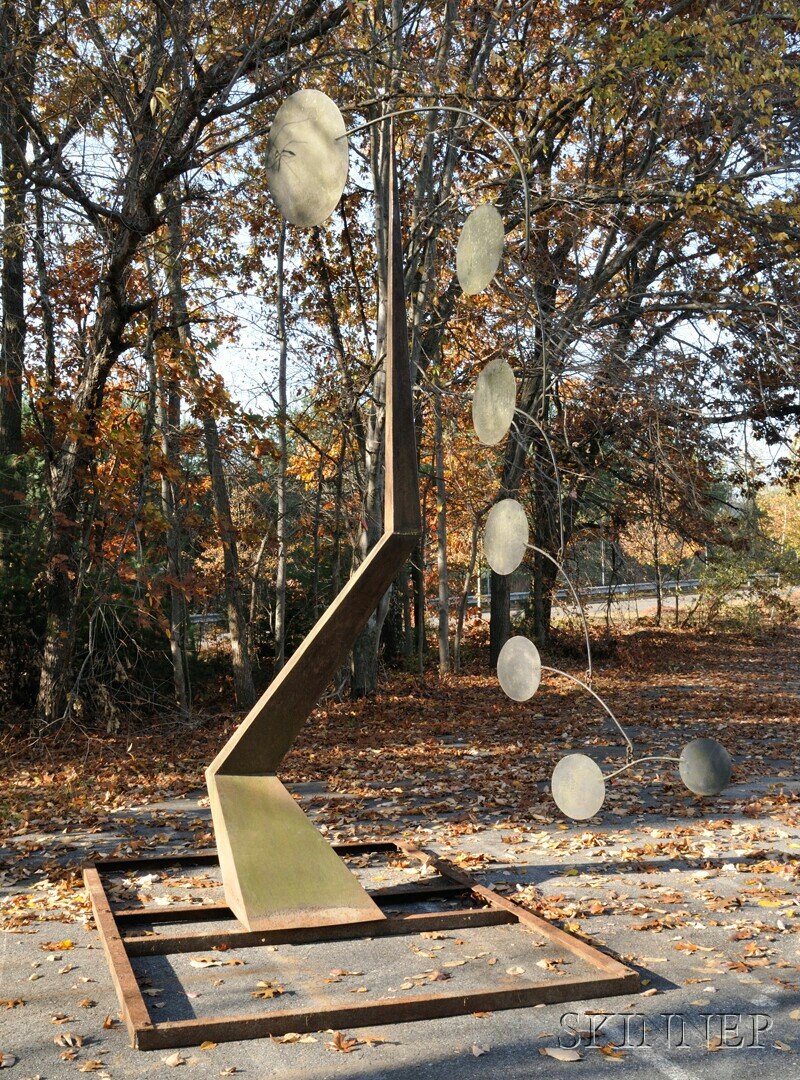 , Robert Kingsland (1947-2012) Kinetic Outdoor Scu: Robert Kingsland (1947-2012) Kinetic Outdoor Sculpture Steel Zeus's Arrow, Cohasset, Massachusetts, 1971 Shaped arm with seven concentric disks pendant, bolts to rectangular stabilizing base, replaced