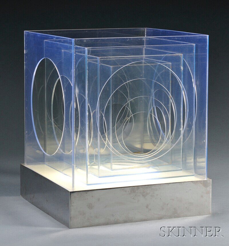 , Cube-form Table Lamp, Plastic, metal, Designed a: Cube-form Table Lamp Plastic, metal Italy, mid-20th century Designed as four clear plastic nesting cubes with circular cutouts to five faces fitted to a square metal base with opaque white plastic lid