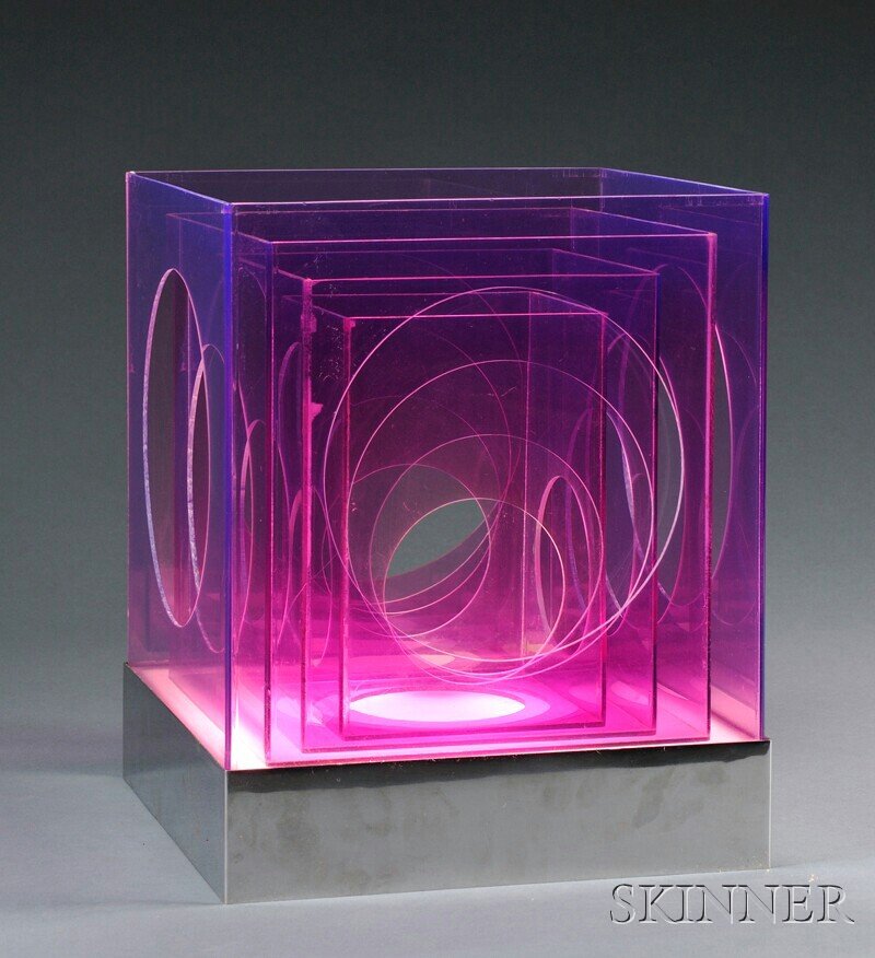 , Cube-form Table Lamp, Plastic, metal, Designed a: Cube-form Table Lamp Plastic, metal Italy, mid-20th century Designed as four magenta-colored plastic nesting cubes with circular cutouts to five faces fitted to a square metal base with opaque white p