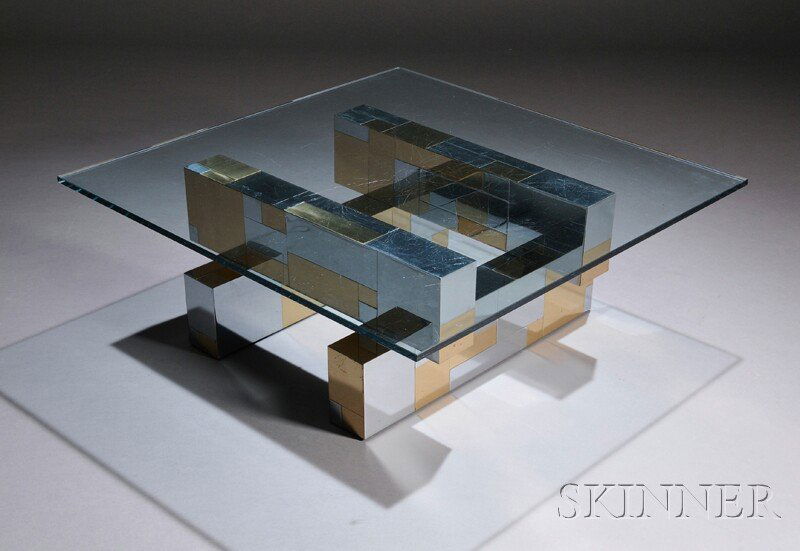 , Paul Evans "Cityscape" Coffee Table for Directio: Paul Evans "Cityscape" Coffee Table for Directional United States, 1970s Geometric base with polished chrome and brass patchwork surface, supporting a square glass top, unmarked, some wear, dents, gla