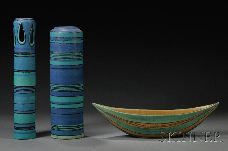 , Three Fong Chow for Glidden Gulfstream Artware S: Three Fong Chow for Glidden Gulfstream Artware Stoneware Vessels Alfred, New York, mid-20th century Two tall cylindrical vases with black bands dividing blue and turquoise glazes, the narrower rim de