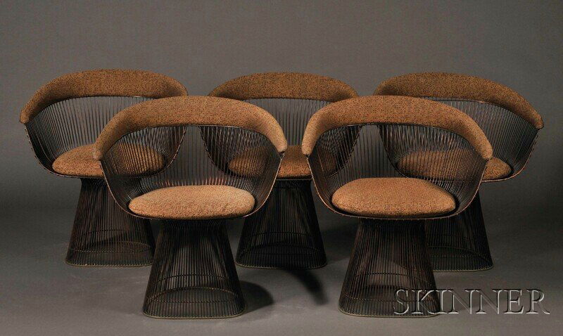 , Set of Five Warren Platner for Knoll Armchairs,: Set of Five Warren Platner for Knoll Armchairs Upholstered crest rail with matching seat cushions in a spotted brown fabric, on a bronze-plated steel rod frame forming the basket seat and pedestal bas