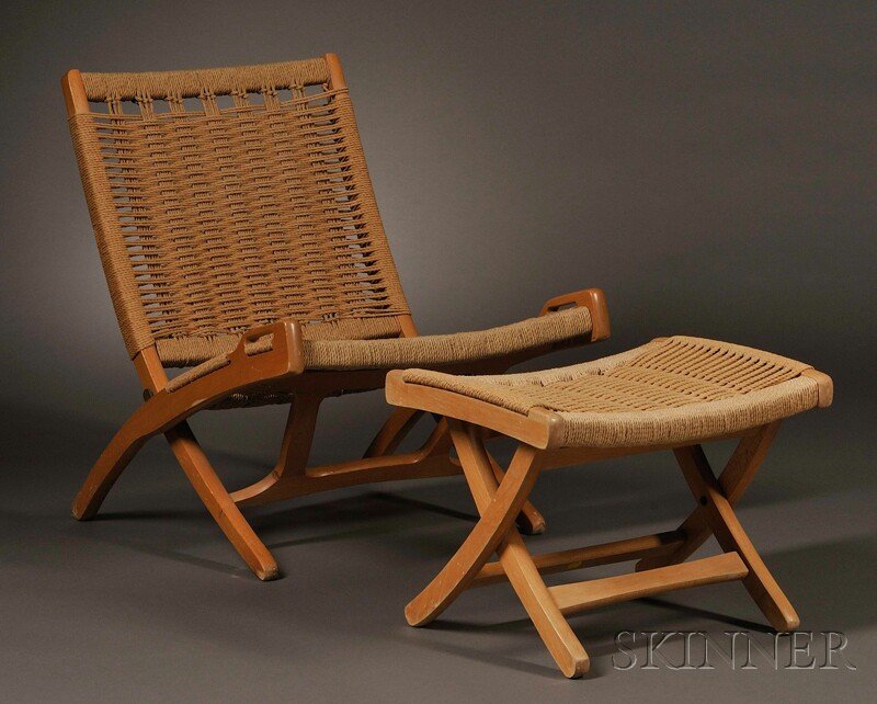 , Danish Modern-style Folding Lounge Chair and Ott: Danish Modern-style Folding Lounge Chair and Ottoman Yugoslavia, mid-20th century After Hans Wegner model 512, the reclined chair with shaped, curvilinear wooden frame and woven cord back and seat, wi