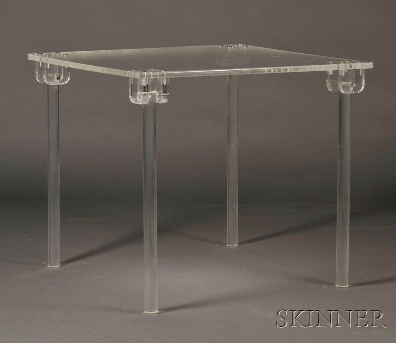 , Lucite Folding Occasional Table, , The rectangul: Lucite Folding Occasional Table Mid-20th century The rectangular top resting on four cylindrical legs, hinges with chromed steel screw details, surface wear, rust, ht. 27 1/4 in.