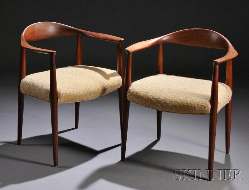 , Two Hans J. Wegner Armchair, Wood and upholstery: Two Hans J. Wegner Armchair Wood and upholstery Johannes Hansen, design date 1949, Copenhagen, Denmark Each with curvilinear back and arm rail, yellow tweed upholstered seat raised on four tapered leg