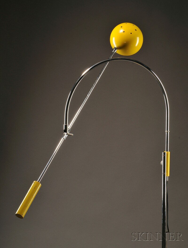 , Robert Sonneman Orbiter Floor Lamp in Yellow, ,: Robert Sonneman Orbiter Floor Lamp in Yellow United States, mid-20th century Chromed tubular steel stem with arched shaft supporting a hemispheric swiveling fixture on an adjustable weighted arm on a