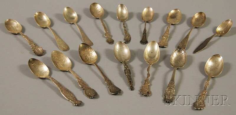 Sixteen Assorted American Sterling Silver Mostly Sou: Sixteen Assorted American Sterling Silver Mostly Souvenir Spoons, four Gorham, "Salem 1692," "Port Jefferson, N.Y.," "Fishing Pier, Asbury Park, N.J.," and "Memorial Arch"; two Mechanics, "State Capit
