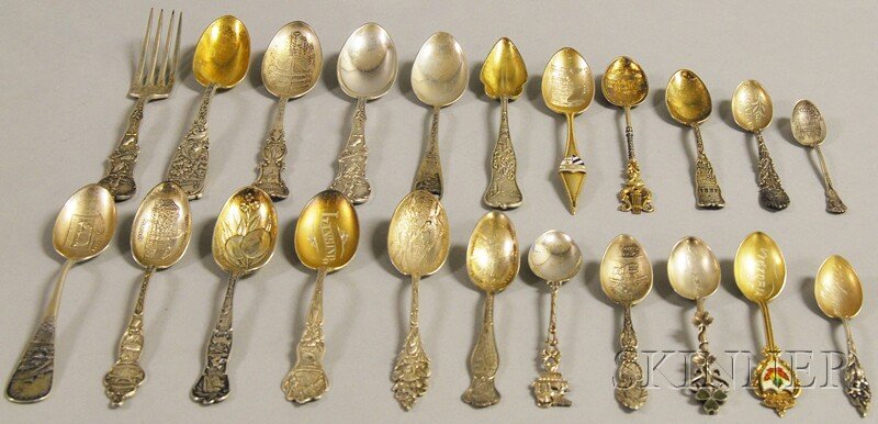 Twenty Mostly Sterling Silver Souvenir Spoons, teas: Twenty Mostly Sterling Silver Souvenir Spoons, teaspoons and demitasse spoons, some European, makers include Alvin, Watson, Dominick & Haff, and Gorham, together with a single silver-plated demitasse 