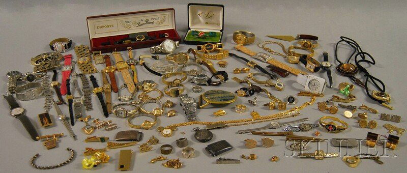 Group of Gentleman's Jewelry and Costume and Fashi: Group of Gentleman's Jewelry and Costume and Fashion Wristwatches, including cuff links, bolo ties, buckles, and other items, watch brands include Movado, Disney, Corum, Bulova, DKNY, Lucien Piccard,