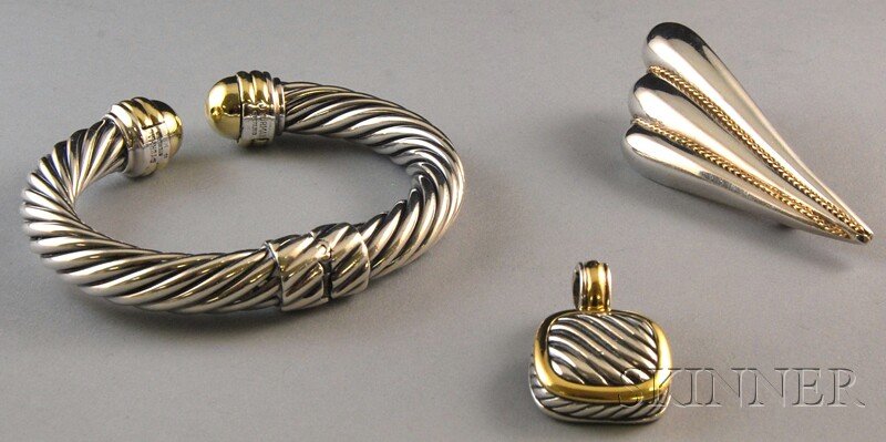 Three Mostly David Yurman Sterling Silver Jewelry: Three Mostly David Yurman Sterling Silver Jewelry Items, a David Yurman cable-twist hinged bangle bracelet with 14kt gold terminals, a similar sterling silver and 18kt gold David Yurman pendant with s