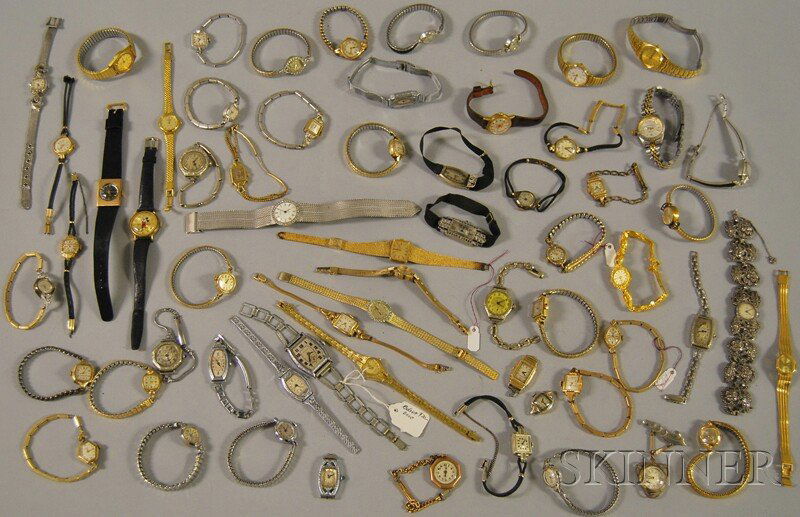 Large Group of Lady's Vintage and Costume Wristwa: Large Group of Lady's Vintage and Costume Wristwatches, makers include Waltham, Caravelle, Bulova, Wittnauer, Hamilton, Elgin, and Gruen.