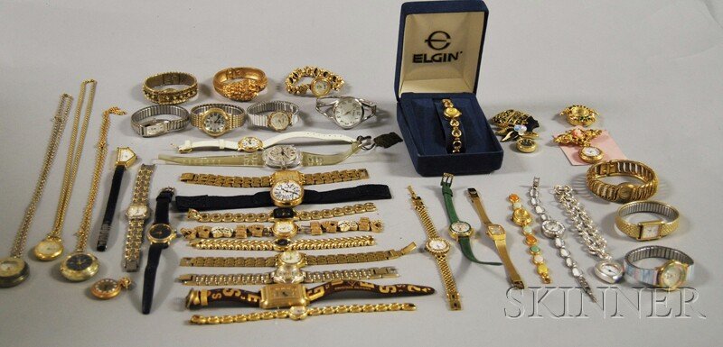 Large Group of Fashion and Costume Wristwatches,: Large Group of Fashion and Costume Wristwatches, makers include Elgin, Guess, Cardova, Spartan, and many others.