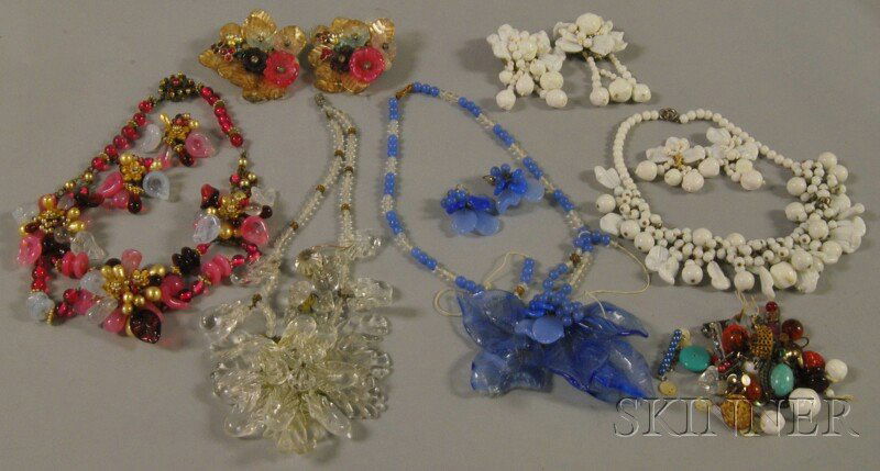 Collection of Costume Jewelry Attributed to Miriam: Collection of Costume Jewelry Attributed to Miriam Haskell, unsigned, a blue glass leaf and bead necklace and earrings (damage, needs to be restrung), a heavy pink glass, faux pearl, and gilt beaded n
