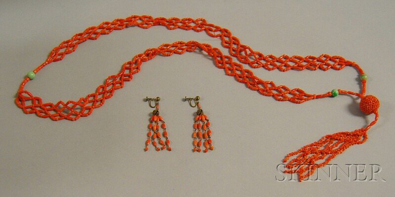 Coral Bead and Jade Tassel Necklace and Earpendant: Coral Bead and Jade Tassel Necklace and Earpendants, the coral bead tassel joined by a woven coral ball, suspended from four strands of woven coral beads, jade bead accents, earpendants en suite, lg. 