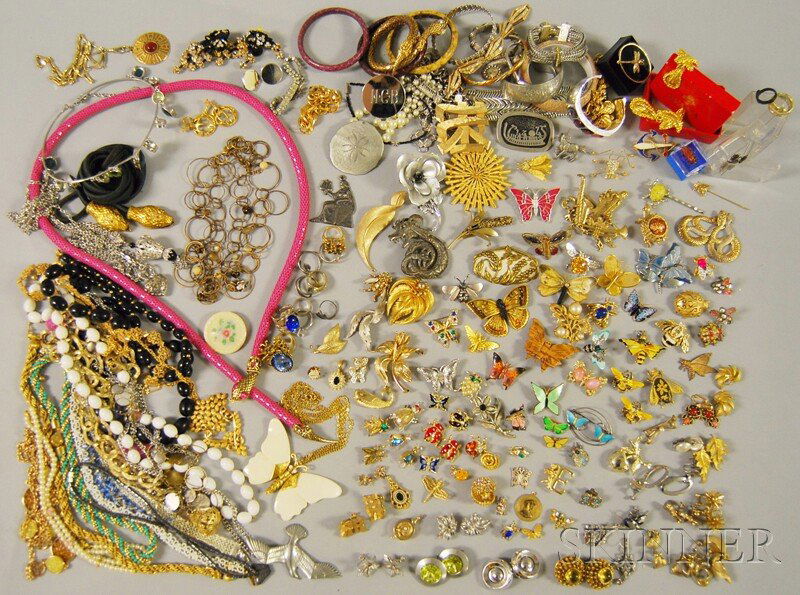 Group of Insect, Snake, and Signed Costume Jewelry: Group of Insect, Snake, and Signed Costume Jewelry, including butterfly and other insect brooches, a pink snake belt, a snake bracelet, Kramer bee pin, a Coro gold-tone and blue paste fly brooch, a sm