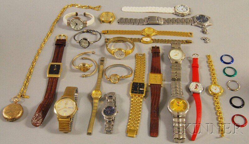 Group of Costume and Fashion Wristwatches, includi: Group of Costume and Fashion Wristwatches, including a gold-plated Bulova, Swiss Navy, Pulsar, Citizen, Swiss Army, and Mickey Mouse.