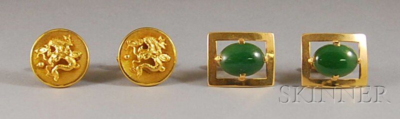 Two Pairs of Gold Cuff Links, a pair of 14kt gold: Two Pairs of Gold Cuff Links, a pair of 14kt gold and jadeite, and a pair of 10kt gold with applied dragon decoration to brushed gold disks, marked "M.G.," total 12.8 dwt.