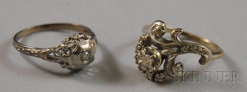 Two White Gold and Diamond Rings, a 14kt floral sp: Two White Gold and Diamond Rings, a 14kt floral spray ring and an 18kt solitaire, total 3.5 dwt, sizes 6 1/4 and 7, respectively.