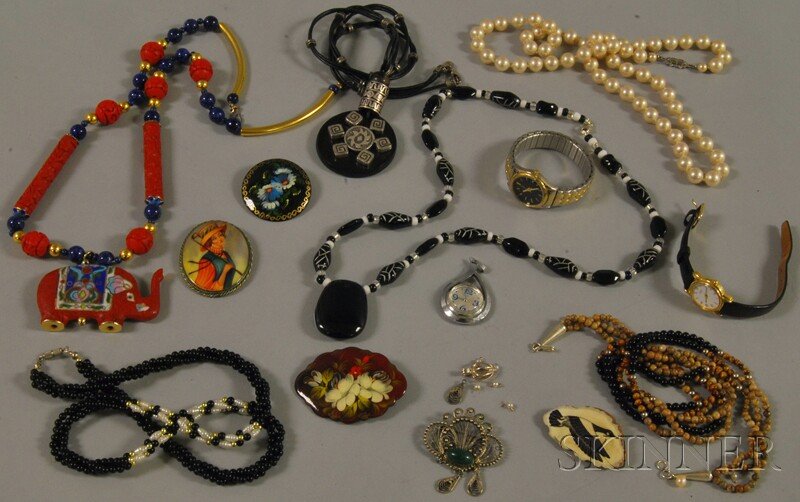 Small Group of Costume Jewelry, including faux pea: Small Group of Costume Jewelry, including faux pearls, wristwatches, beaded necklaces, lacquer brooches, and an enameled cinnabar elephant necklace.