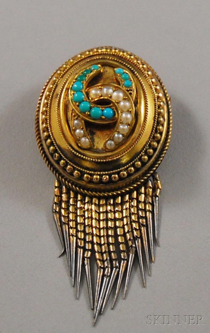 Victorian 14kt Gold, Turquoise, and Seed Pearl Loc: Victorian 14kt Gold, Turquoise, and Seed Pearl Locket, the locket with interlocking turquoise and seed pearl horseshoes to the front, with gold beaded fringe, portrait frame to the reverse, total 6.1 