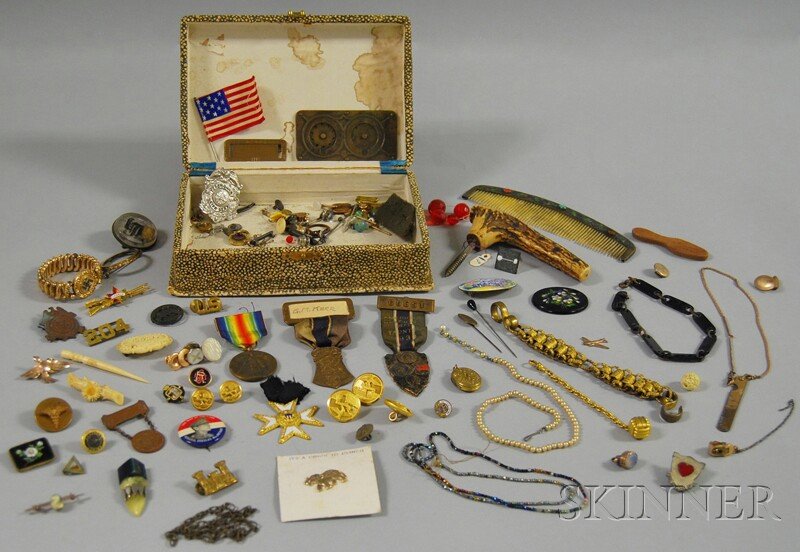 Collection of Gold-filled Jewelry and Medals in a: Collection of Gold-filled Jewelry and Medals in a Shagreen Box, including Massachusetts medals, an antler handle, cuff links, a comb, and other items.