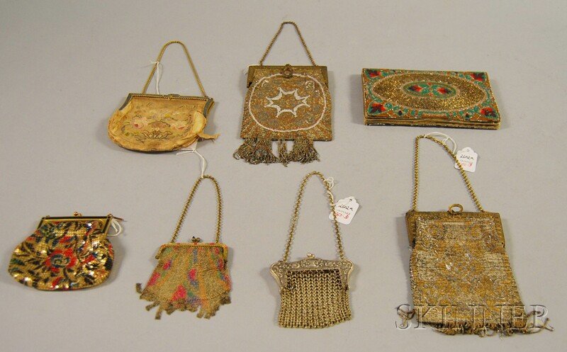 Seven Antique and Vintage Purses, including a smal: Seven Antique and Vintage Purses, including a small mesh Whiting and Davis, embroidered and beaded clutches, etc.