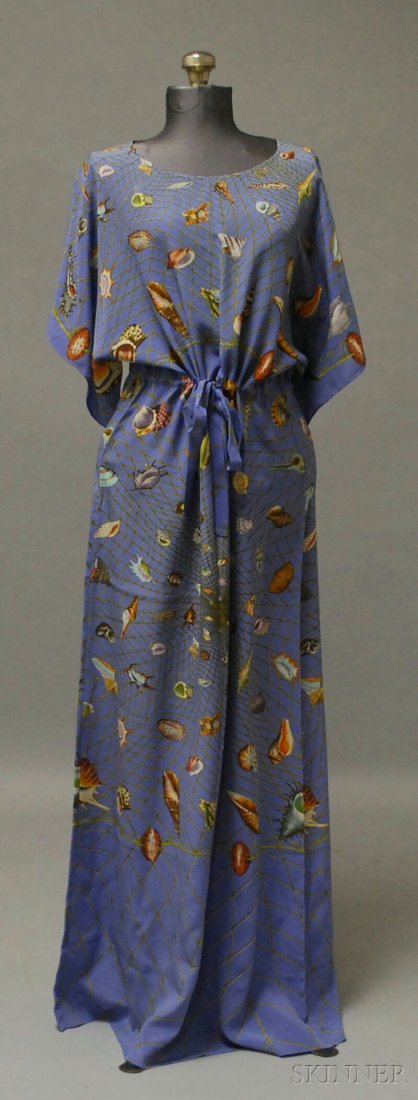 Vintage Gucci Seashell-patterned Silk Dress, c. 19: Vintage Gucci Seashell-patterned Silk Dress, c. 1960s-70s, long straight cut with short sleeves and tie at waist, size 42.