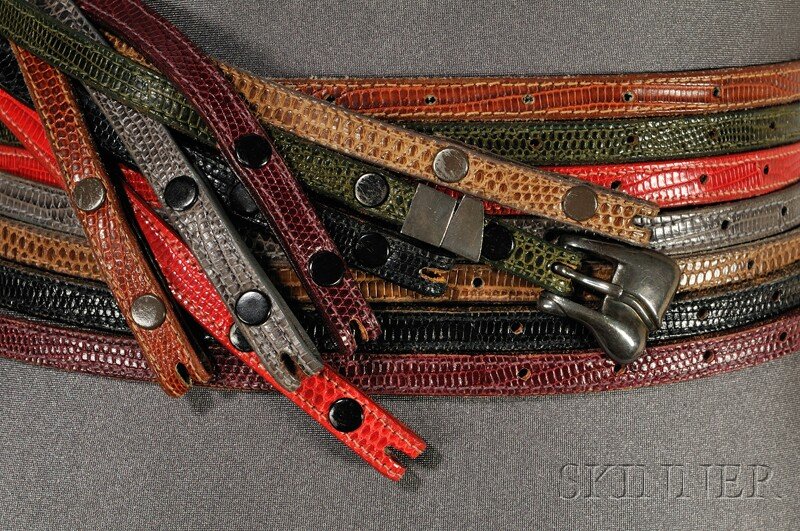 1978 Barry Kieselstein Cord New York Interchangeab: 1978 Barry Kieselstein Cord New York Interchangeable Skinny Belt Group, all reptile skin, seven total, green belt with signed silver buckle, can be switched out with different color belts, including r
