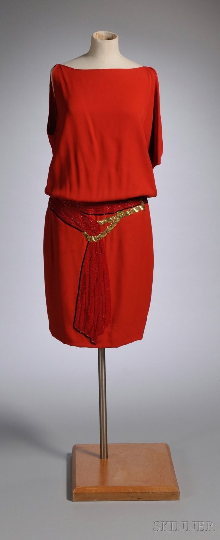 Bill Blass Asymmetrical Red Cocktail Dress with Be: Bill Blass Asymmetrical Red Cocktail Dress with Beaded Belt Design at Waist, left shoulder with drape at armhole, red, black, and gold belt decoration, buttons down back, labeled "Bill Blass," size 14