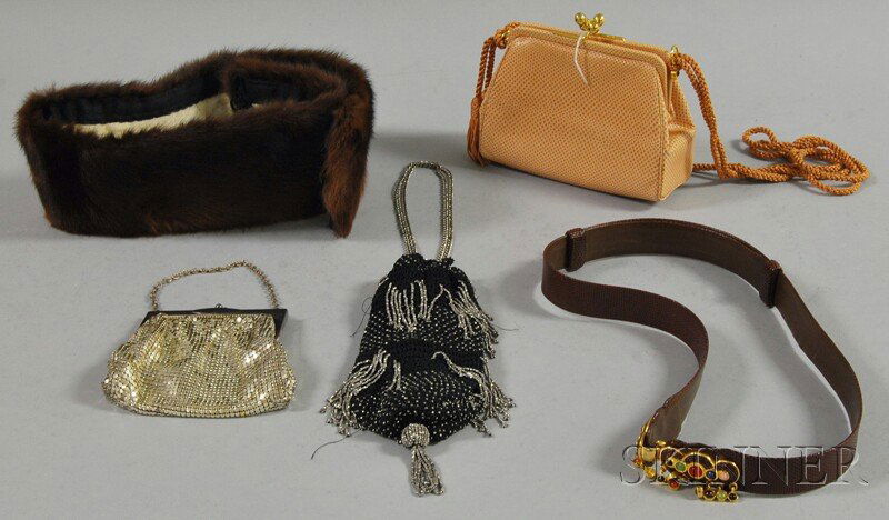 Small Group of Women's Accessories, including a pe: Small Group of Women's Accessories, including a peach-colored Judith Leiber evening bag, a brown Judith Leiber leather belt with colored stones at clasp, a Whiting and Davis silver mesh purse, a vinta