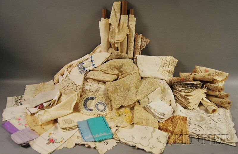 Group of Mostly Antique Table Linens, including va: Group of Mostly Antique Table Linens, including various cut and needlework, lace, crochet, embroidery, napkins, runners, doilies, tablecloths, etc.