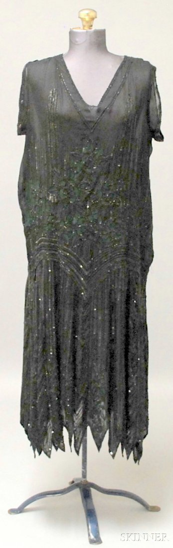 1920s Sheer Silk and Beaded Dress, in green and bl: 1920s Sheer Silk and Beaded Dress, in green and black with drop-waist and elaborate beadwork, zigzag hem, approx. size large.