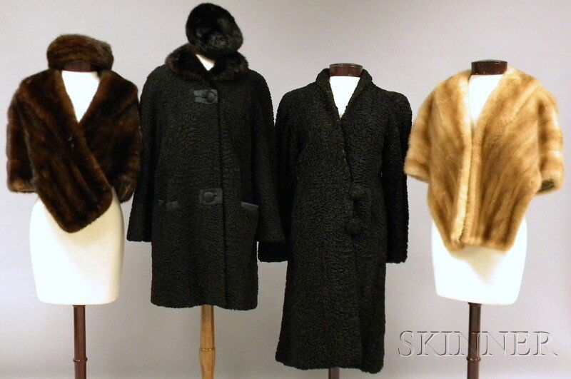 Two Vintage Fur Stoles and Two Lamb's Wool Coats,: Two Vintage Fur Stoles and Two Lamb's Wool Coats, stole and coat with matching hats, sizes vary.