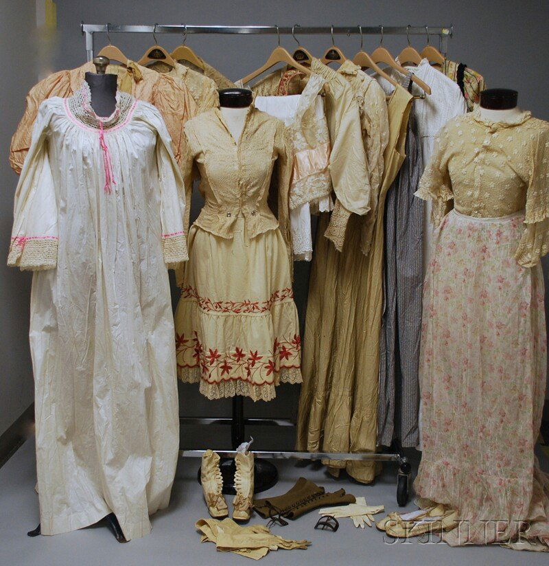 Group of Mostly 19th Century Ladies' Garments, pet: Group of Mostly 19th Century Ladies' Garments, petticoats, nightgowns, light-colored silk and lace bodices, a long sheer floral skirt, and various accessories including boots, shoes, gloves, spats, et