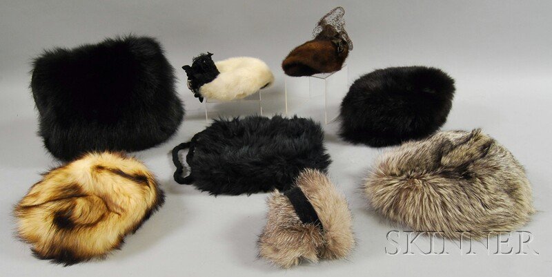 Eight Ladies' Fur Accessories, including five asso: Eight Ladies' Fur Accessories, including five assorted fur hats, one with Bonwit Teller label, two vintage-style McComber Montreal hats, a pair of earmuffs, a black fur muff, and a black knit Ben Kahn