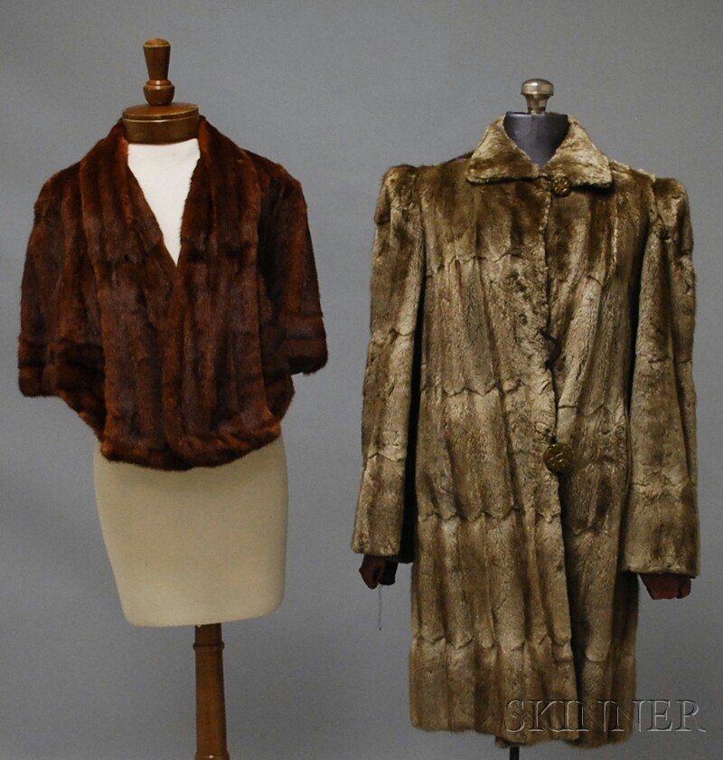 Light Brown Fur Coat and a Red Fur Cape, coat mid-: Light Brown Fur Coat and a Red Fur Cape, coat mid-length, possibly beaver, with two large celluloid buttons at center (one detached), smaller button at collar, both lined with satin.