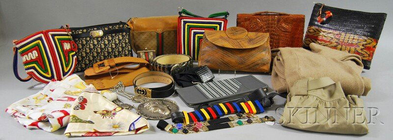 Collection of Vintage and Designer Belts, Handbags: Collection of Vintage and Designer Belts, Handbags, Clothing, and Accessories, including matching Ferragamo scarf and pants, a long camel-colored cashmere sweater coat with belt, a khaki Louis Feraud