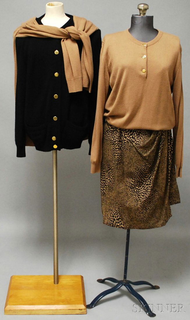 Bill Blass Sweater Set With Leopard Print Skirt, t: Bill Blass Sweater Set With Leopard Print Skirt, three pieces, long-sleeve black cashmere sweater with attached camel-colored shawl, a long-sleeve tan henley-style cashmere sweater with gold buttons,