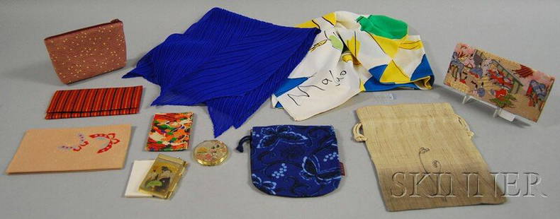 Japanese Group, including six purses, a notepad, c: Japanese Group, including six purses, a notepad, compacts, a pleated scarf and a graphic patterned scarf by Masuo Ikeda, many items with original packaging.