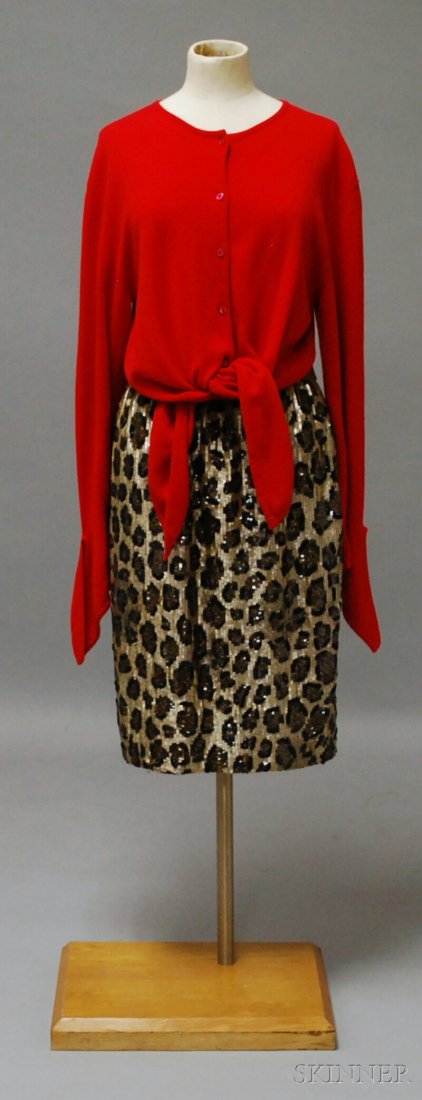 Bill Blass Sequin and Bead Leopard Print Skirt and: Bill Blass Sequin and Bead Leopard Print Skirt and Red Cashmere Cardigan Sweater, sold as a set, skirt labeled "Bill Blass," sweater can be tied or wrapped, in size large.