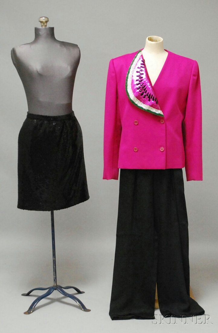 Bill Blass Weekend Day or Evening "Watermelon" Sui: Bill Blass Weekend Day or Evening "Watermelon" Suit, three pieces, including a pink jacket with sequin and bead watermelon slice motif at collar, comes with black sequined mini skirt and a pair of bla