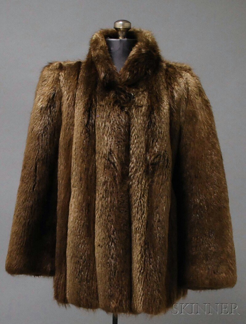 Kakas Boston Mid-length Beaver Fur Coat, with atta: Kakas Boston Mid-length Beaver Fur Coat, with attached interior leather belt, one top button closure, side pockets, approx. size M/L.