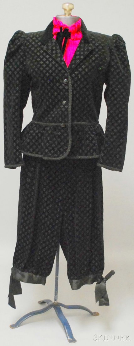 Yves Saint Laurent/Valentino Three-piece Ensemble,: Yves Saint Laurent/Valentino Three-piece Ensemble, Yves Saint Laurent Rive Gauche long-sleeve textured/embroidered velvet jacket and knickers suit with ribbon and braided accents, size 44; with hot pi